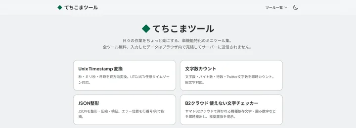 てちこまツールのトップページ。ツール名と説明が入ったカードが並んでいる